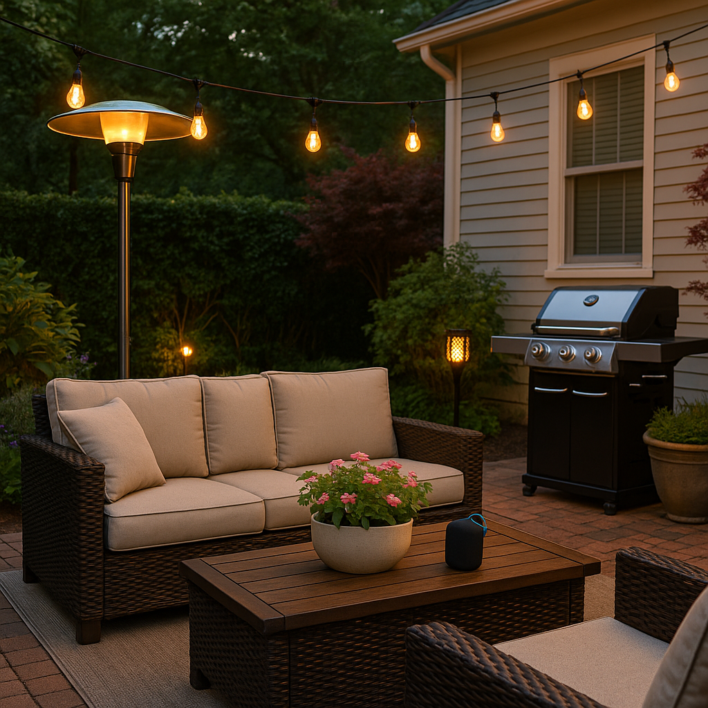 outdoor living upgrades for a cozy backyard with outdoor kitchen and string lights